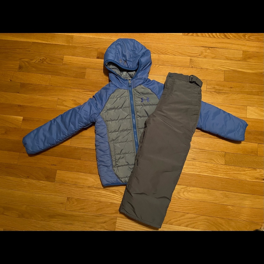 Children’s Place fleece lined snow pants and cold gear Under Armour snow jacket.